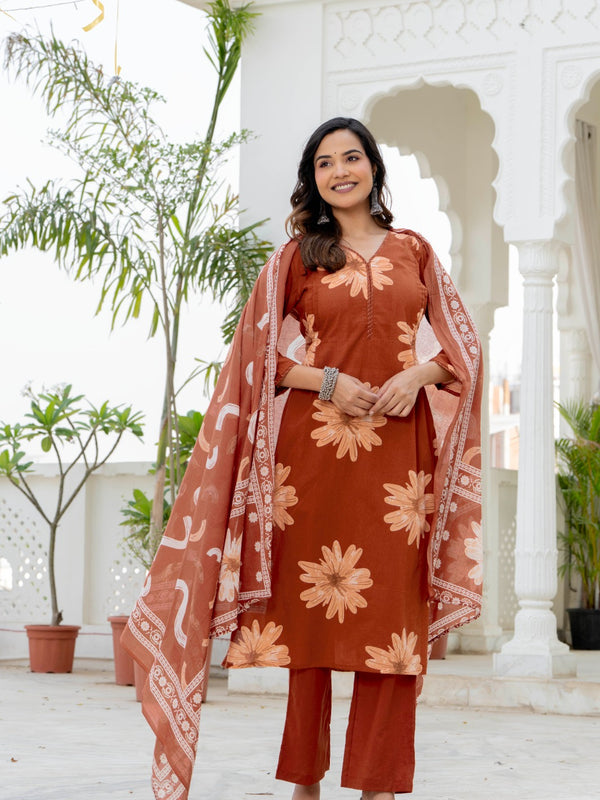 Indolady Autumn Daisy Premium Cotton Kurta Pant Dupatta Set
