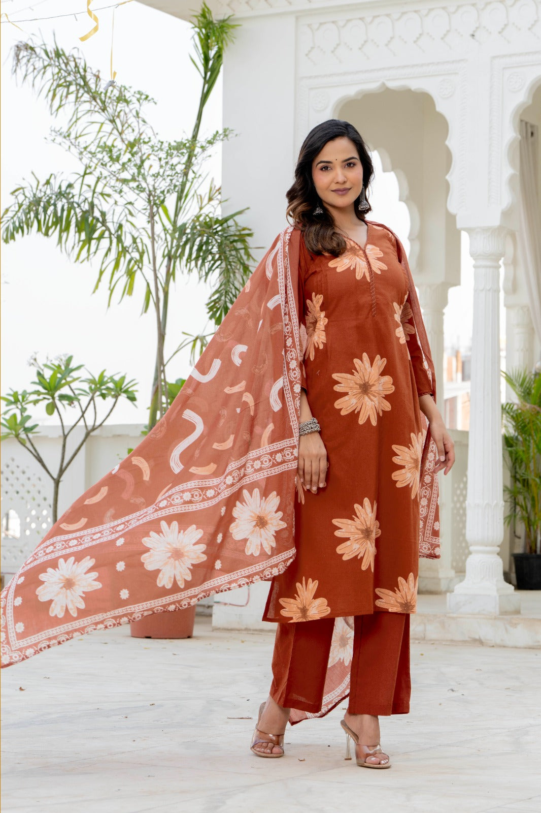 Indolady Autumn Daisy Premium Cotton Kurta Pant Dupatta Set