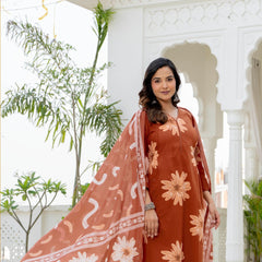 Indolady Autumn Daisy Premium Cotton Kurta Pant Dupatta Set