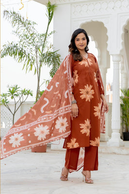 Indolady Autumn Daisy Premium Cotton Kurta Pant Dupatta Set