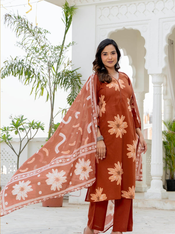 Indolady Autumn Daisy Premium Cotton Kurta Pant Dupatta Set