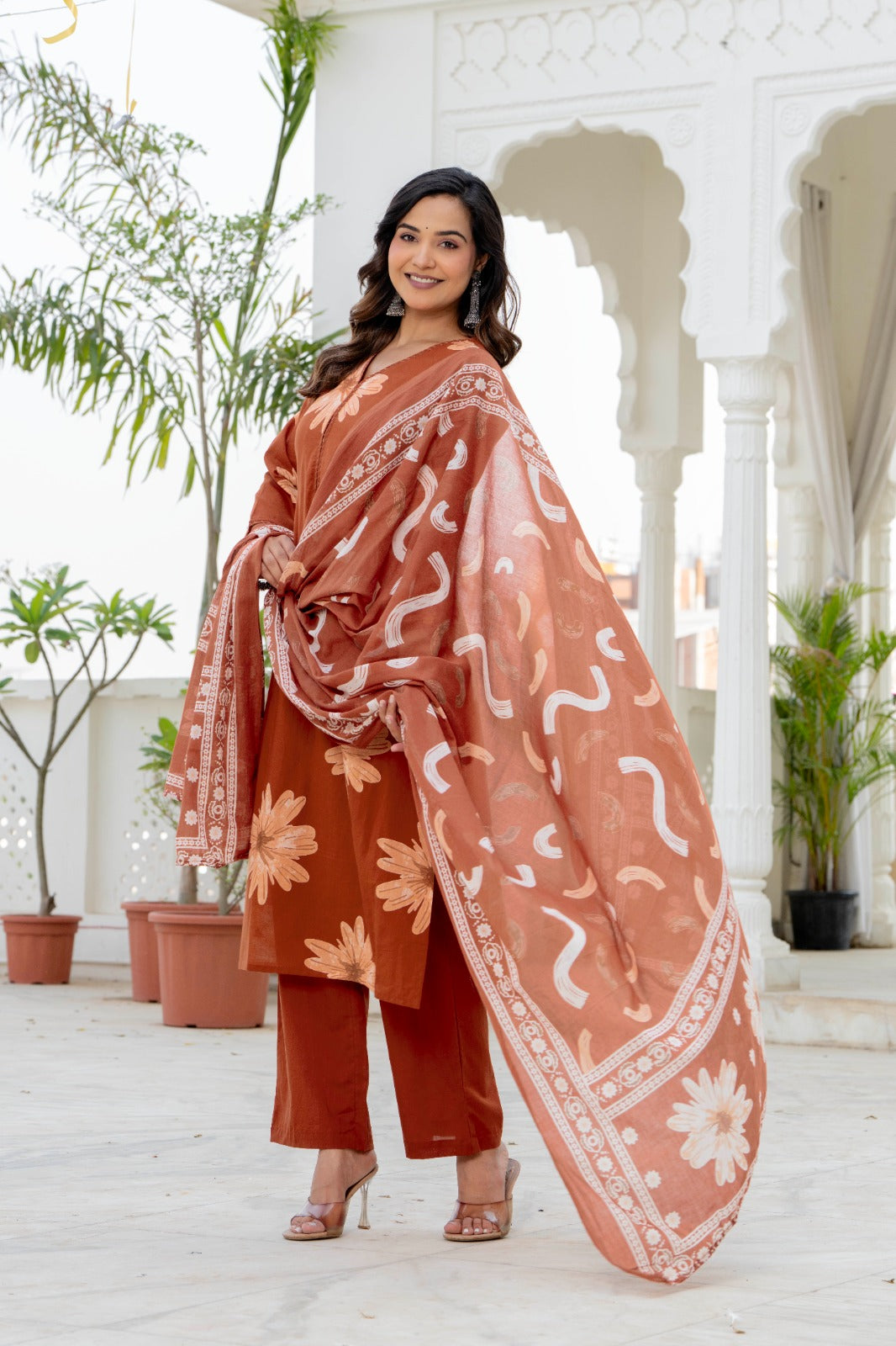 Indolady Autumn Daisy Premium Cotton Kurta Pant Dupatta Set