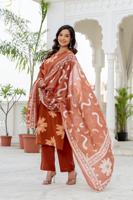 Indolady Autumn Daisy Premium Cotton Kurta Pant Dupatta Set