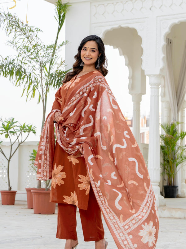 Indolady Autumn Daisy Premium Cotton Kurta Pant Dupatta Set