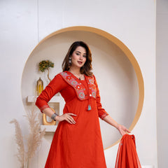 Indolady Rust Aura Embroidered Cotton Straight Suit Set with Dupatta