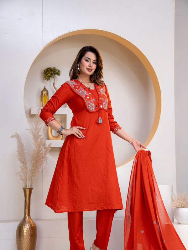 Indolady Rust Aura Embroidered Cotton Straight Suit Set with Dupatta