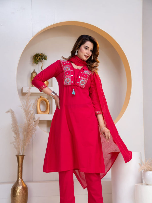 Indolady Rani Royale Embroidered Cotton Straight Suit Set with Dupatta