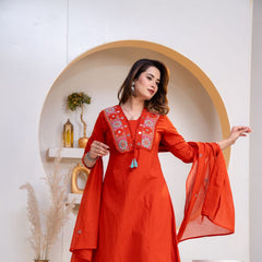Indolady Rust Aura Embroidered Cotton Straight Suit Set with Dupatta