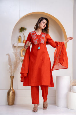 Indolady Rust Aura Embroidered Cotton Straight Suit Set with Dupatta