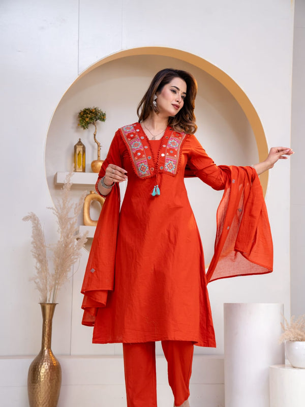 Indolady Rust Aura Embroidered Cotton Straight Suit Set with Dupatta
