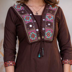 Indolady Mocha Grace Embroidered Cotton Straight Suit Set with Dupatta