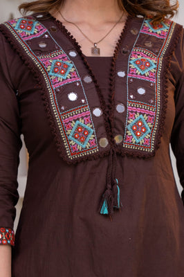 Indolady Mocha Grace Embroidered Cotton Straight Suit Set with Dupatta