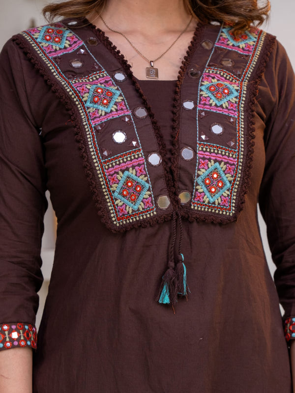 Indolady Mocha Grace Embroidered Cotton Straight Suit Set with Dupatta