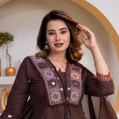 Indolady Mocha Grace Embroidered Cotton Straight Suit Set with Dupatta
