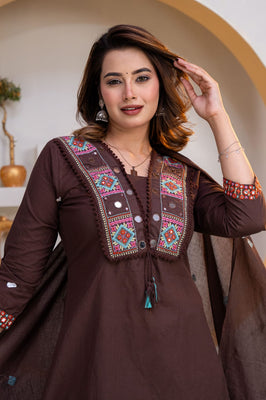 Indolady Mocha Grace Embroidered Cotton Straight Suit Set with Dupatta