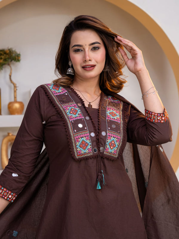 Indolady Mocha Grace Embroidered Cotton Straight Suit Set with Dupatta