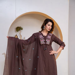 Indolady Mocha Grace Embroidered Cotton Straight Suit Set with Dupatta