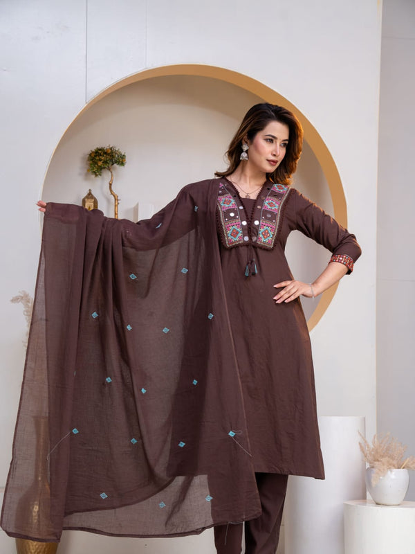 Indolady Mocha Grace Embroidered Cotton Straight Suit Set with Dupatta