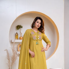 Indolady Golden Mustard Embroidered Cotton Straight Suit Set with Dupatta