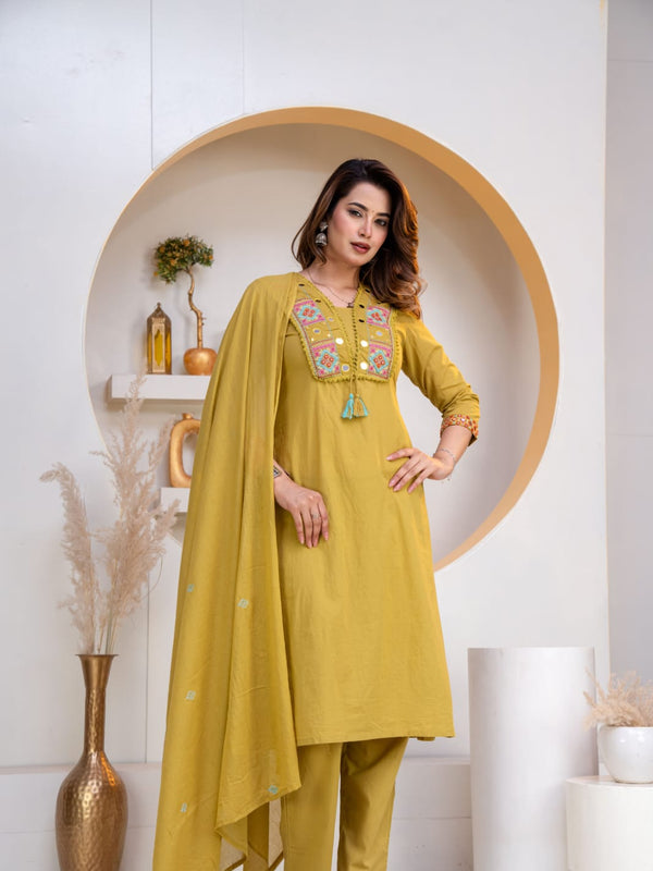 Indolady Golden Mustard Embroidered Cotton Straight Suit Set with Dupatta