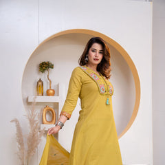 Indolady Golden Mustard Embroidered Cotton Straight Suit Set with Dupatta