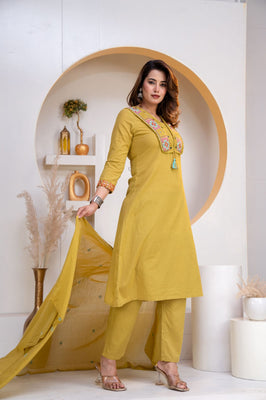Indolady Golden Mustard Embroidered Cotton Straight Suit Set with Dupatta