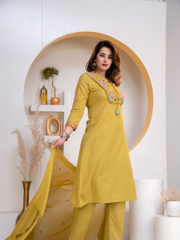 Indolady Golden Mustard Embroidered Cotton Straight Suit Set with Dupatta