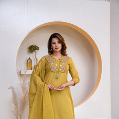 Indolady Golden Mustard Embroidered Cotton Straight Suit Set with Dupatta