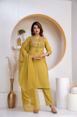 Indolady Golden Mustard Embroidered Cotton Straight Suit Set with Dupatta