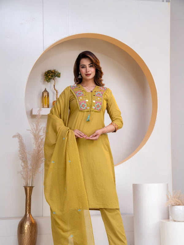 Indolady Golden Mustard Embroidered Cotton Straight Suit Set with Dupatta