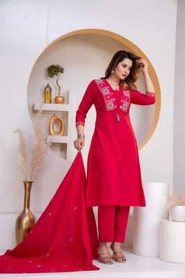 Indolady Rani Royale Embroidered Cotton Straight Suit Set with Dupatta