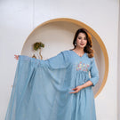 Indolady Sky Serenity Embroidered Cotton Anarkali Suit Set with Dupatta
