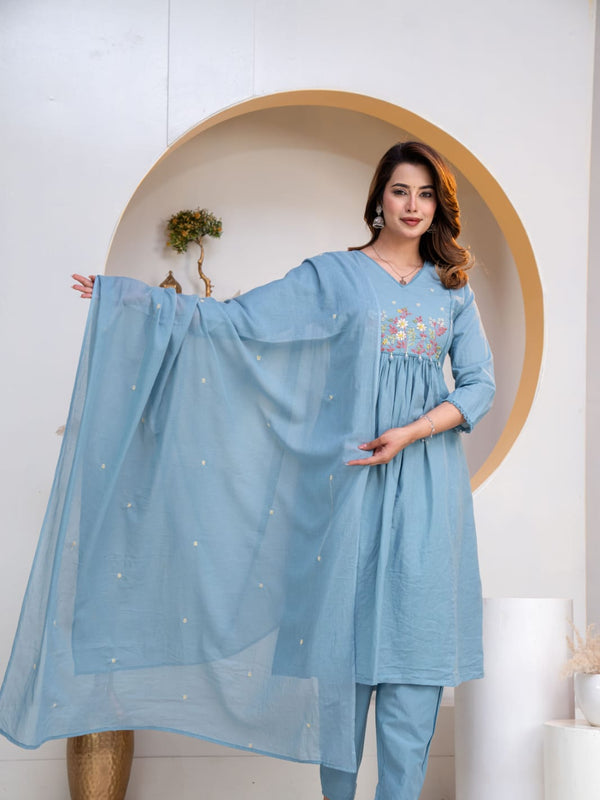 Indolady Sky Serenity Embroidered Cotton Anarkali Suit Set with Dupatta