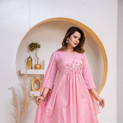 Indolady Blush Bloom Embroidered Cotton Anarkali Suit Set with Dupatta