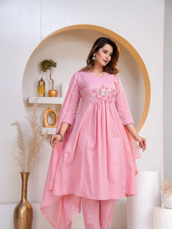 Indolady Blush Bloom Embroidered Cotton Anarkali Suit Set with Dupatta