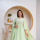 Indolady Mint Meadow Embroidered Cotton Anarkali Suit Set with Dupatta