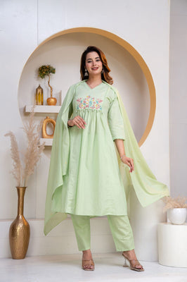 Indolady Mint Meadow Embroidered Cotton Anarkali Suit Set with Dupatta