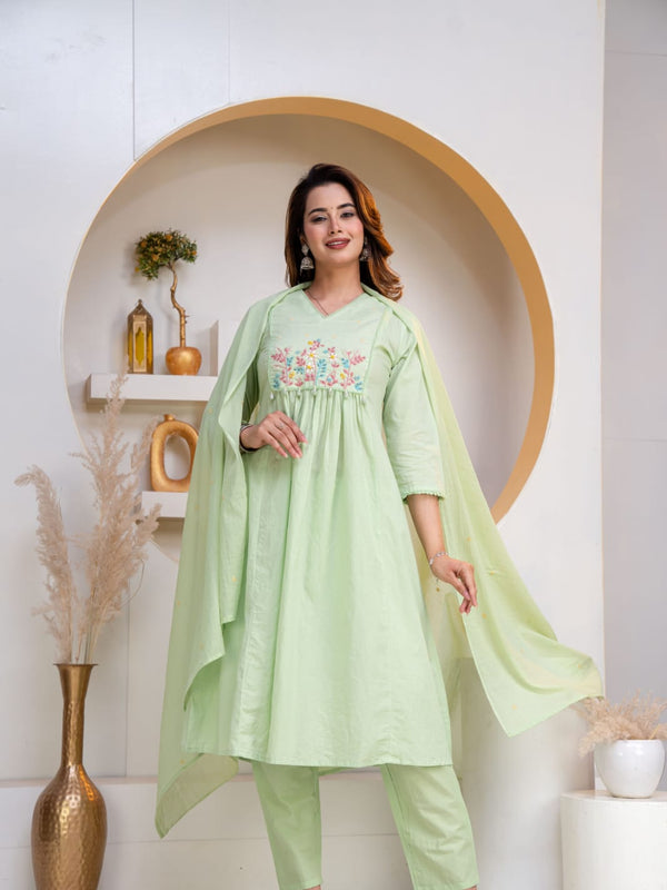 Indolady Mint Meadow Embroidered Cotton Anarkali Suit Set with Dupatta