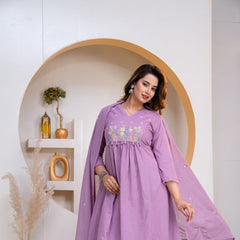 Indolady Lavender Grace Embroidered Cotton Anarkali Suit Set with Dupatta