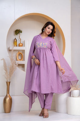 Indolady Lavender Grace Embroidered Cotton Anarkali Suit Set with Dupatta
