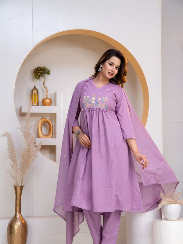 Indolady Lavender Grace Embroidered Cotton Anarkali Suit Set with Dupatta
