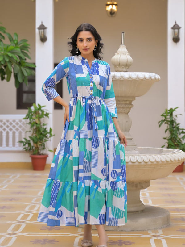 Indolady Sapphire Sketch Flared Maxi Dress
