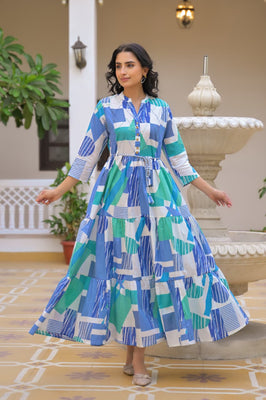 Indolady Sapphire Sketch Flared Maxi Dress