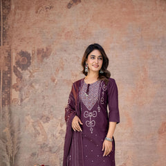 Indolady Royal Wine Bandhej Printed Cotton Suit Set with Dupatta