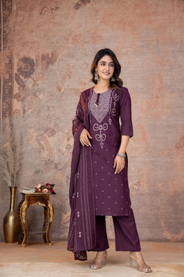 Indolady Royal Wine Bandhej Printed Cotton Suit Set with Dupatta