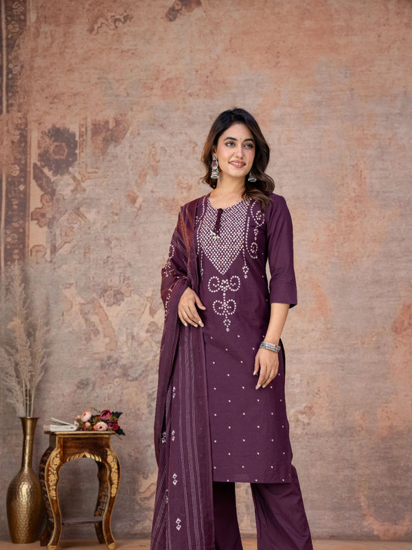 Indolady Royal Wine Bandhej Printed Cotton Suit Set with Dupatta