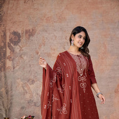 Indolady Rust Heritage Bandhej Cotton Suit Set with Dupatta