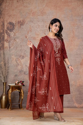 Indolady Rust Heritage Bandhej Cotton Suit Set with Dupatta