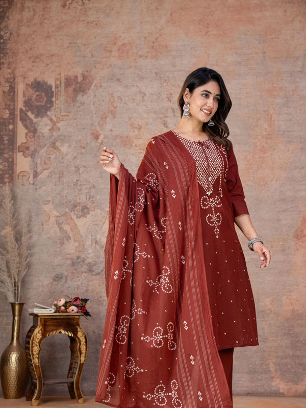 Indolady Rust Heritage Bandhej Cotton Suit Set with Dupatta