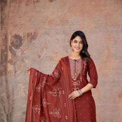 Indolady Rust Heritage Bandhej Cotton Suit Set with Dupatta